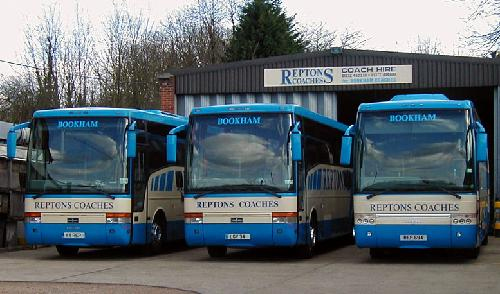 A line up of Reptons Coaches outside their garage in Bookham